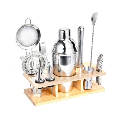 China Viable Amazon Hot Sale 11 PCS Stainless Steel Cocktail Shaker Set with Bamboo Bartender Stand Mixology Kit for sale