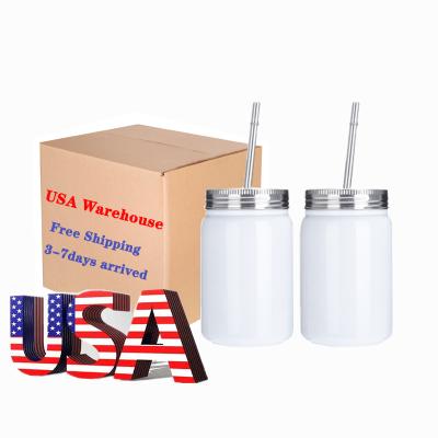 China Viable USA Ware Stock 500ML/17oz Stainless Steel Sublimation Blanks Straight Blank Tumbler Mason Jar With Straw For Hot And Cold for sale