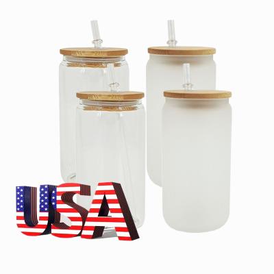 China Mazoho USA Sustainable Warehouse 12/16 Ounce Sublimation Beer Can Glass Mugs With Bamboo Lid And Straw For Coffee Cocktails for sale