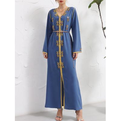 China New Wholesale Luxury Crystal Beaded V-Neck Abaya Maxi Dubai Dress Muslim Abaya Beaded Ethnic Clothing for sale