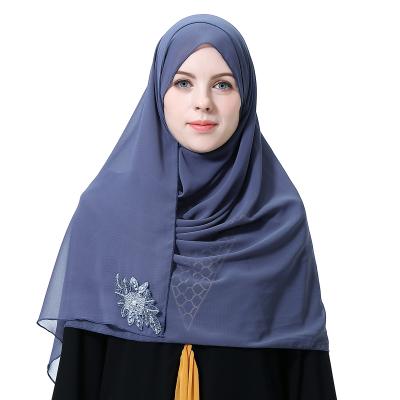 China New Flower Design Plain Color Embroidered Chiffon Hijab Women Muslim Scarfs Turkish Hijab For Islamic Clothing for sale