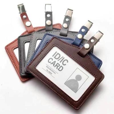 China With Clip Badge Clip ID Card Holder Office Supplies Business Work Card Genuine Leather Cover for sale