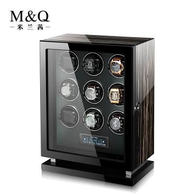 China Handmade Watch Box 9 Slots Watch Case Custom Black Wooden Watch Box Winder With Fingerprint Lock for sale