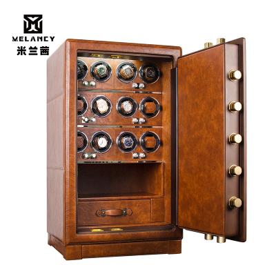 China 2020 High Quality Handmade Customize Combination Safe Box Brown Leather 12 Slots Watch Winder Safes With Drawer for sale