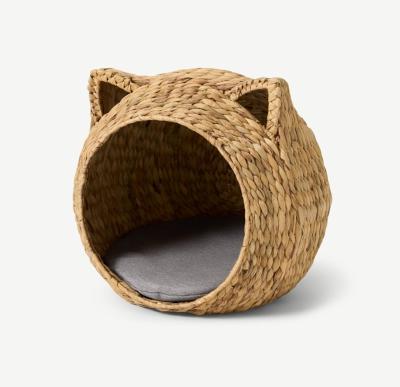 China OEM ODM Handmade Rattan Woven Pet Villa Cat Nest House Dog Bed Rattan Partially Enclosed Pet Cooling Basket for sale