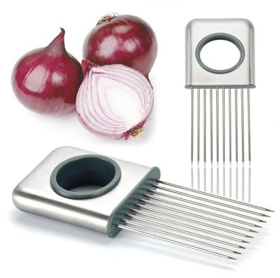 China Viable Kitchen Stainless Steel Onion Cutter Holder Tomato Vegetable Slicer Cutting Aid Holder Guide Slicing Cutter Safe Slicing Fork for sale