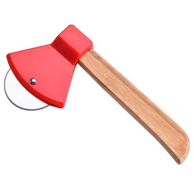 China New Viable Creative Ax Shaped Wheel Bamboo Wood Knife Cutter Kitchen Pastry Cutter Pizza Stainless Steel Handle Cooking Tools for sale