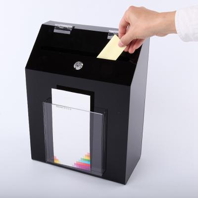 China Mini Size Black Acrylic Mini Donation Box With Attached Business Card Holder for sale