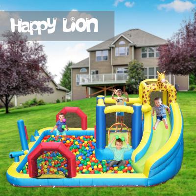 China Oxford Cloth HAPPY LION Inflatable Bouncy Castle With Pool, Giraffe Slide Backyard Inflatable Water Slide for sale