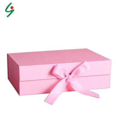 China Custom Luxury Disposable Folding Pink Rigid Magnetic Flap Tissue Present Box Bridesmaid Proposal Box With Ribbon for sale