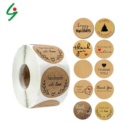 China Waterproof 500 Labels Per Roll Around Natural Kraft Paper Thank You Sticker Seal Labs Handcrafted With Love Sticker Paper Stationery Sticker for sale