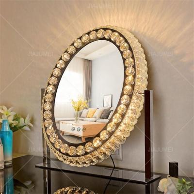 China New Lighted Mirror Around Crystal Design Touch Light Illuminated Mirror Makeup Desktop Dressing Table Mirror for sale