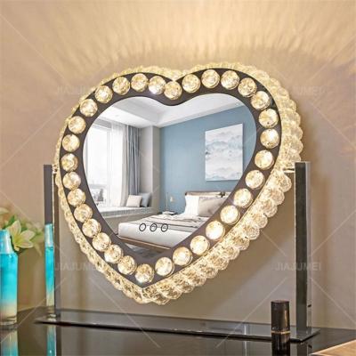 China Wholesale Led Lighted Heart Shape Mirror Crystal Vanity Makeup Mirror With Glass Metal Lights for sale