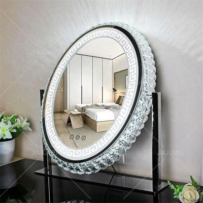 China Newest Wholesale Custom Makeup Oval Lighted Makeup Mirror With Crystal Metal Frame Led Light Beauty for sale