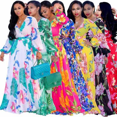 China Wholesale Breathable Floral Printed A Line Long Sleeve Maxi Dresses Plus Size 5Xl Lantern Women's Dress Big Swing V Neckline for sale