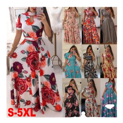 China Breathable Women's Floral Print Maxi Dress Casual Swing And Long Sleeve Long Maxi Dress With Belt XXXXXL Plus Size Women's Dress for sale