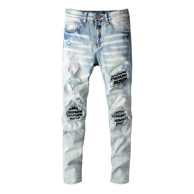 China New Design Breathable Amiry Print Patch Jeans Ripped Pants High Waist Hip Waist Hot Plus Damaged Men's Jeans for sale