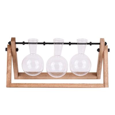 China Modern OEM Customize Manufacturers Glass Planter Bulb Vase Bulb Plant Desktop Mini Greenhouse With Retro Solid Wood Stand And Metal Swivel for sale