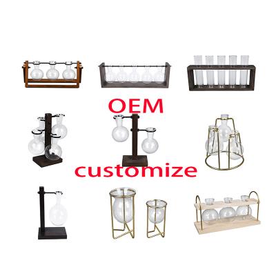 China Modern OEM Customize Any Flower Modern Bud Shape Wall Hanging Test Tube Planter Vase With Wood Stand Table Mini Glass Greenhouse for sale