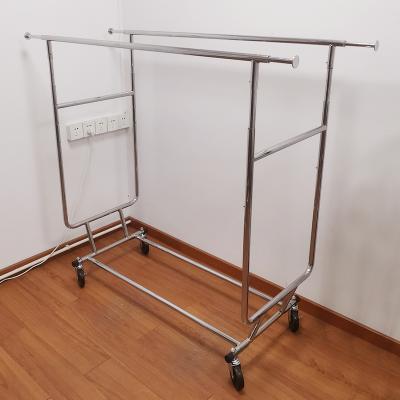 China Metal Display Single Sided Double Pole Portable Garment Rack Rolling Clothes Drying Racks for sale