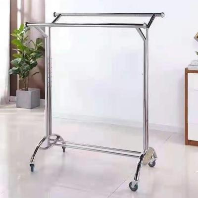 China Foshan Factory Single Sided Metal Display Garment Rack Portable Rolling Clothes Drying Double Pole Racks for sale