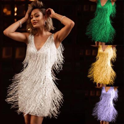 China Anti-wrinkle 2022 women dress backless sequins fringe tassel club party v neck summer boho sleeveless Midi Bohemian dress for sale