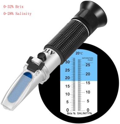 China Suporte OEM 2 Escala 0-32% Brix 0-28% Salinidade Sal ATC Refractômetro para Aquário de Pesca Marinha à venda