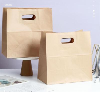 China High Quality Wholesale Custom Logo Materials Product Recycled Eco Friendly Brown Fast Food Take Out Kraft Paper Bag With Die Cut Hole Handle for sale