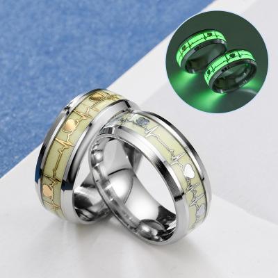 China Trendy Luminous Finger Ring For Women Men Fashion Stainless Steel Glowing in Dark Heart Couples Wedding Bands Jewelry Gift Accessories for sale