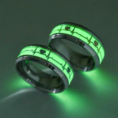 China Fashionable Stainless Steel Couples Heartbeat Ring Glowing In The Dark Jewelry Luminous Engagement Ring for sale