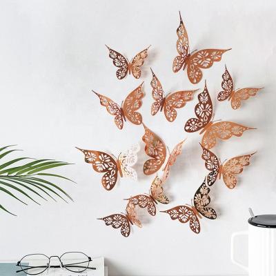 China Embellish Decoration 12Pcs 3D Wall Stickers Hollow Out Rose Gold/Gold/Silver Wedding Decoration Stickers DIY Art Home Decor Wall Decals Butterfly Wall for sale