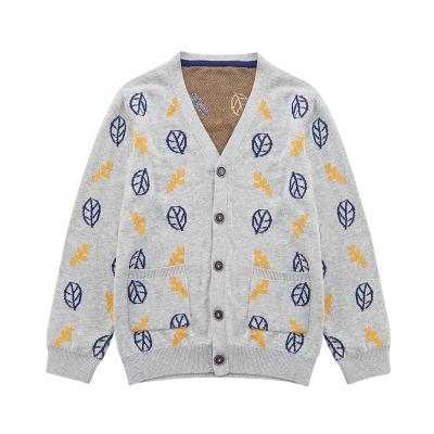 China Children's V-Neck Leaf Intarsia Knitted Cardigan Button Opening Sweater for sale