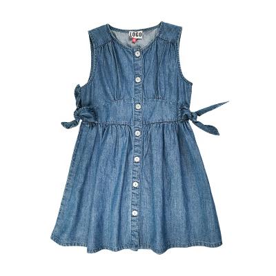 China Breathable Button Down Girls Denim Dresses Girls Bows Wash Children Jean Dresses Casual Decoration Denim Clothing for sale