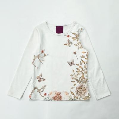 China Autumn Kids Flower Girl Printing Shirts Long Sleeve Breathable Cotton White T Shirts for sale