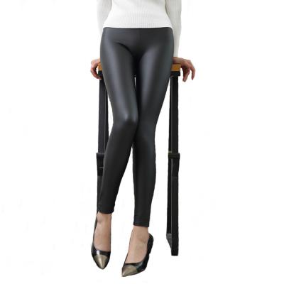 China PU Antibacterial High Elastic Soft Velvet Ankle Length Winter Thick Black Leather Pants For Women for sale