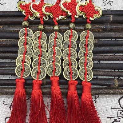 China Easy Installation Five Emperor Money Lucky Charm Ancient Car Coin Pendant Red Chinese Knot Collection Car Decoration Copper Coins for sale