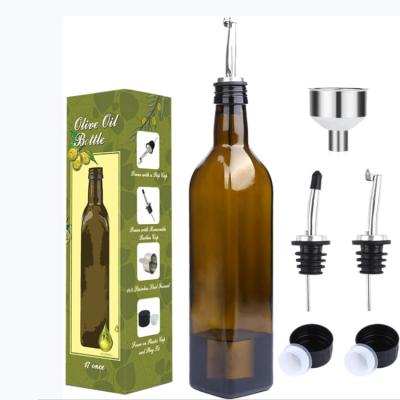 China High Quality Square 500ml Deep Green Glass Olive Oil Cooking Oil Bottle With Dispenser And Metal Cap for sale