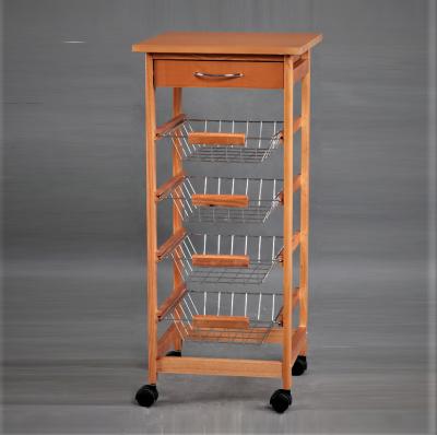 China Environmentally Friendly Pine Wood Kitchen Mobile Serving Trolley With Basket And Drawer for sale