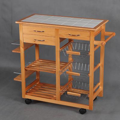 China Environmental Friendly Multi Layer Wooden Kitchen Cart With Drawer Wine Basket Worktop for sale