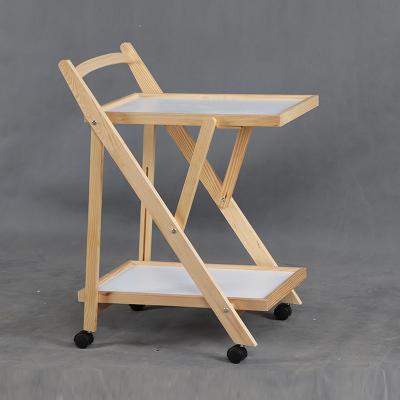 China Environment Friendly Natural Color Pine Wood Kitchen Cart Folding Rolling Cart for sale