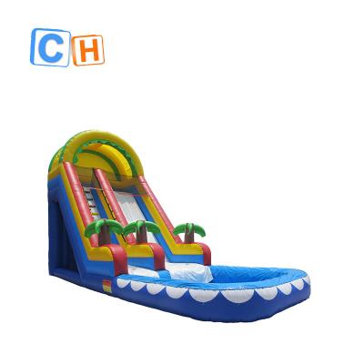 China Outdoor PVC Palm Tree Inflatable Water Slide For Summer, Inflatable Wet Slide With Swimming Pool For Kids for sale