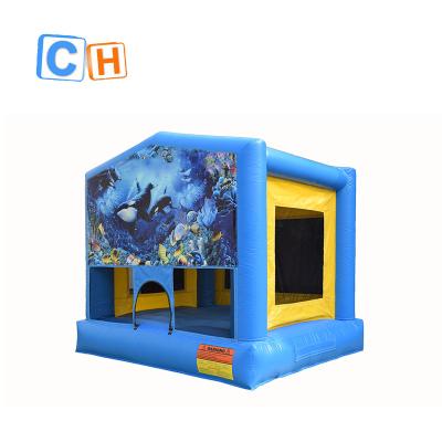 China Blue PVC Tarpaulin Home Use Inflatable Bounce House For Party Mini Inflatable Fish Themed Jumping House For Kids for sale