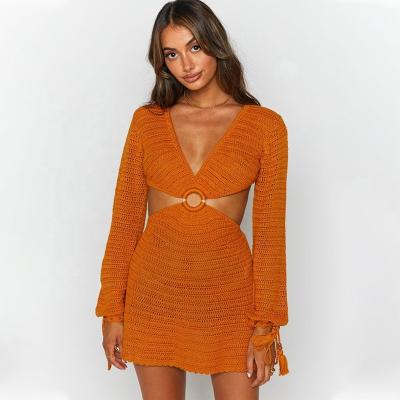 China 2021 Summer Long Sleeve Sexy Deep V-Neck Fashion Knitted Beach Mini Ladies Party Dress Female Mesh Women Sexy Evening For Women for sale