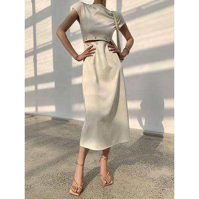 China 2021 Anti-wrinkle fashion women dress elegant white lady hollow out waist sexy costume woman splicing medium dress for dating for sale