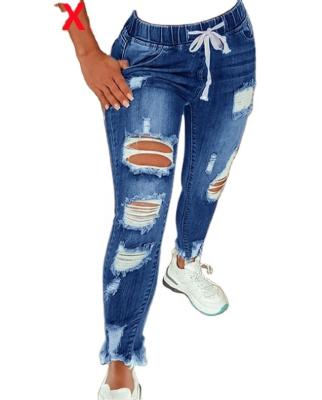 China 2022 Breathable New Style Ripped Jeans With Drawstring Women Denim For Various Age Plus Size Four Colors Pants for sale