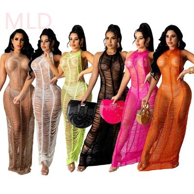 China 2021 Summer Wholesale New Arrival Sexy Anti-wrinkle See Women Mesh Long Dress Nightclub Halter Clubwear Backless Sleeveless For Woman for sale