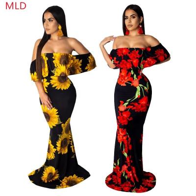 China 2021 Anti-Static Hot Sale Summer Off Shoulder Elegant Women's Evening Wear Bodycon Casual Dress Ruffle Floral Print Floor Length Woman for sale