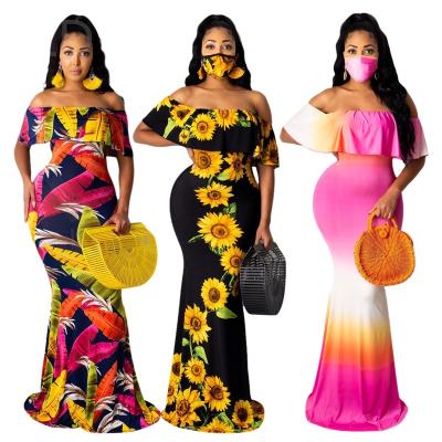 China 2021hot sale anti-static summer off the shoulder ruffle floral print floor length elegant women evening wear bodycon dress with mask for sale