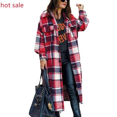 China 2021 Warm Autumn Winter Side Slit Long Plaid Trench Coat Viable Oversized Collar Turn-Down Loose Woolen Jacket Women's Wool Blends Coat for sale