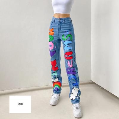 China 2021 QUICK DRY high waist rainbow color letter lady jeans character print woman fashion button women pants tight pants for sale